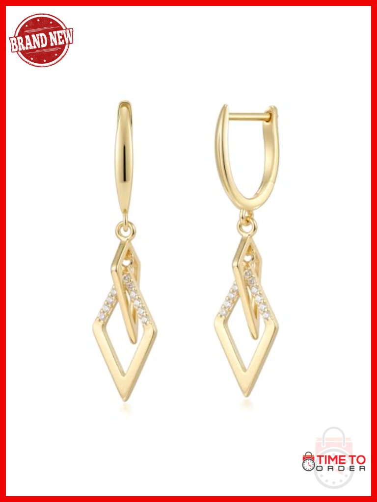 14k Gold Plated Dangle Drop Earrings Cubic Zirconia Leverback Closure